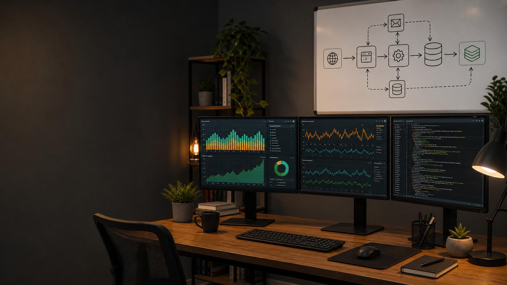 Engineering operations desk with dashboards, logs, queue charts, and system diagrams